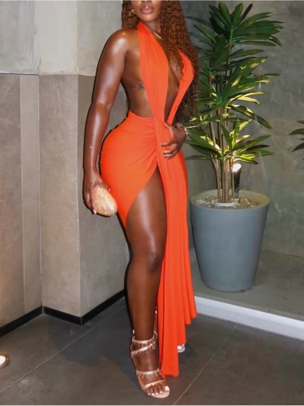 Ruched Halter Midi Dress In Burnt Orange — image 3 of 4